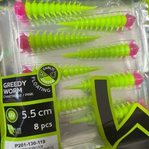 GREEDY WORM 5,5CM CHARTREUSE/PINK 8PCS GARLIC/CHEESE